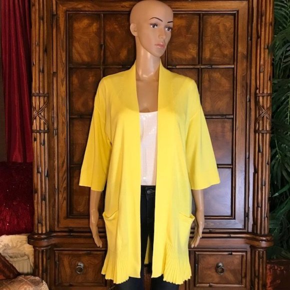 NWOT Isaac Mizrahi Sun Yellow Flounce Hem Rib Trim Cotton Blend Cardigan - Picture 1 of 14